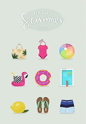 수영복 음료 일러스트 반바지 슬리퍼 바캉스용품 수영장 사람없음 여름 세트 비치볼 레몬 튜브 비치백 국내일러스트 AI파일 옷 계절 신발 과일 바지 공 오브젝트 파일형식 벡터 가방_잡화