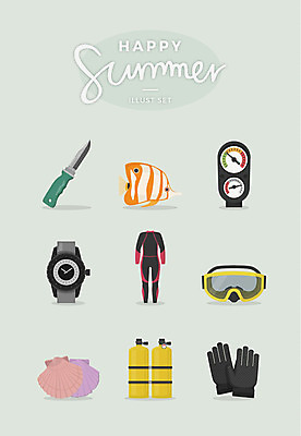 장갑 일러스트 어류 마스크 사람없음 여름 세트 조개껍데기 손목시계 잠수복 산소통 잠수용품 맥가이버칼 국내일러스트 AI파일 잡화 옷 계절 시계 장신구 조개 통 수중동물 칼 레포츠용품 파일형식 벡터