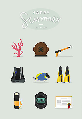 일러스트 어류 사람없음 여름 세트 손전등 산호초 오리발 잠수복 자격증 작살 잠수장비 초시계 국내일러스트 AI파일 옷 계절 시계 조명 수중동물 장비 수중식물 증명서 파일형식 벡터