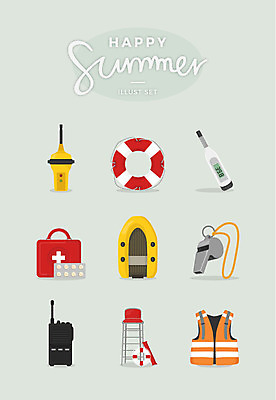 일러스트 바캉스용품 사람없음 여름 세트 알약 구급상자 온도계 체온계 호루라기 무전기 구명조끼 튜브 안전사고 고무보트 물놀이안전 수상구조대 국내일러스트 AI파일 계절 무선통신 안전 약 의료용품 사건 오브젝트 구조대 구조용품 파일형식 벡터