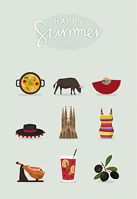 원피스 여행 일러스트 사람없음 여름 세트 부채 스페인 올리브 황소 가스파초 사그라다파밀리아 하몽 상그리아 국내일러스트 AI파일 옷 계절 열매 유럽 주류 성당 소 햄 바르셀로나 파일형식 벡터
