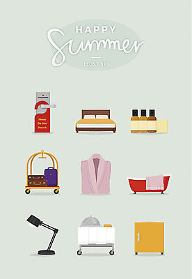 여행 일러스트 호텔 전등 욕조 사람없음 여름 세트 캐리어 침대 목욕가운 사인 냉장고 룸서비스 세정제 국내일러스트 AI파일 계절 가구 숙소 조명 위생용품 여행가방 가전제품 가운 서비스 파일형식 벡터