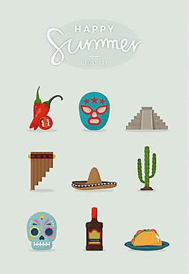 여행 일러스트 선인장 가면 사람없음 여름 세트 피라미드 멕시코음식 솜브레로 타코 테킬라 멕시코모자 할라피뇨 국내일러스트 AI파일 식물 모자_잡화 건축물 계절 고추 주류 서양음식 전통의상 랜드마크 파일형식 벡터