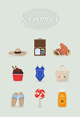 수영복 일러스트 아이스크림 슬리퍼 바캉스용품 막대사탕 사람없음 여름 세트 캐리어 소라 선크림 비치백 챙모자 국내일러스트 AI파일 모자_잡화 옷 계절 신발 어패류 디저트 사탕 여행가방 화장품 오브젝트 파일형식 벡터 가방_잡화