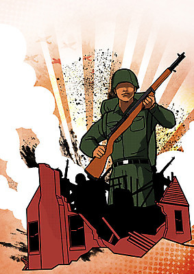 PSD 남자 일러스트 군용기 사람 여러명 상반신 성인 건물 군인 총 연기 파편 폭발 군복 폐허 전쟁 전투모 국내일러스트 직업 건축물 무기 다수 유니폼 비행기 군대 국군 파일형식