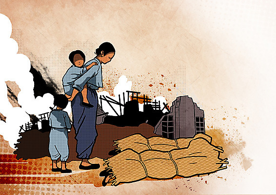 전신 PSD 여자 남자 어린이 일러스트 엄마 사람 여러명 성인 건물 손상 고통 자녀 죽음 좌절 연기 파편 폭발 폐허 전쟁 업기 시체 6.25전쟁 멍석 국내일러스트 건축물 감정 다수 컨셉 가족 모션 파일형식