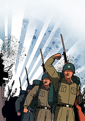 PSD 남자 일러스트 사람 여러명 상반신 성인 손들기 주먹 군인 총 파편 군복 폐허 전쟁 낙하산 공수부대 전투모 국내일러스트 직업 무기 다수 유니폼 모션 국군 특수부대 파일형식