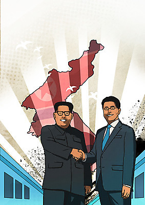 PSD 남자 여러마리 일러스트 악수 미소 사람 상반신 성인 두명 평화 파편 비둘기 전쟁 한반도 남북 남북협상 대통령 정상회담 판문점 남북회담 국내일러스트 다수 컨셉 조류 회의 표정 손짓 경제 파주 파일형식