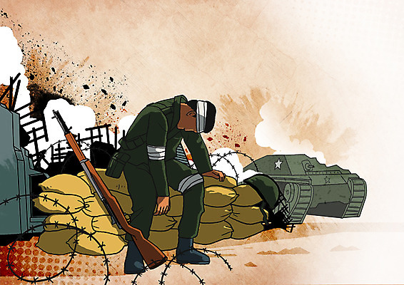 전신 PSD 남자 일러스트 한명 사람 성인 군인 고통 총 좌절 상처 파편 폭발 전쟁 탱크 붕대 철조망 부상자 국내일러스트 직업 1 감정 무기 컨셉 국군 파일형식