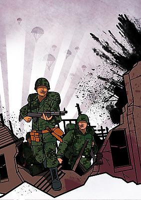 전신 PSD 남자 일러스트 사람 상반신 성인 두명 손상 군인 총 파편 폭발 군복 폐허 전쟁 낙하산 국내일러스트 직업 무기 컨셉 유니폼 국군 파일형식