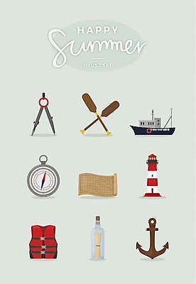 지도 일러스트 유리병 등대 사람없음 여름 세트 어선 나침반 편지 컴파스 구명조끼 닻 패들 국내일러스트 AI파일 계절 배_교통 병_용기 문구용품 노_배의노 구조용품 파일형식 벡터