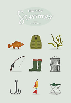 일러스트 어류 장화 사람없음 여름 세트 조끼 그물 낚싯대 낚시찌 낚시의자 후크 국내일러스트 AI파일 계절 신발 의자 수중동물 외투 낚시용품 파일형식 벡터