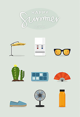 운동화 일러스트 선인장 사람없음 여름 세트 선글라스 파라솔 부채 선풍기 물병 얼음틀 정수기 국내일러스트 AI파일 식물 계절 안경 신발 가전제품 물통 파일형식 벡터