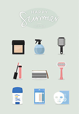 일러스트 사람없음 여름 세트 먼지떨이 분무기 면도기 마스크팩 데오드란트 면봉 틴트 파우더팩트 국내일러스트 AI파일 계절 위생용품 화장품 청소도구 팩 파일형식 벡터