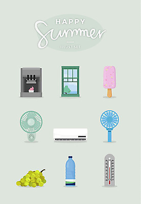 일러스트 창문 아이스크림 풍경 사람없음 여름 세트 여름풍경 선풍기 온도계 체온계 에어컨 물병 청포도 막대아이스크림 손풍기 국내일러스트 AI파일 계절 포도 디저트 가전제품 휴대용 물통 파일형식 벡터 여름_계절