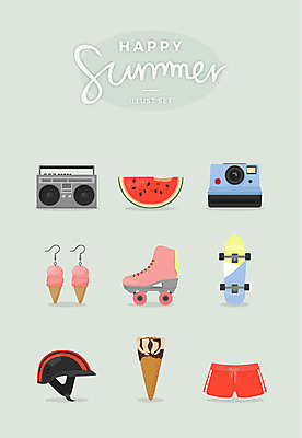 일러스트 반바지 사람없음 여름 세트 귀걸이 보드 헬멧 폴라로이드 콘아이스크림 롤러스케이트화 국내일러스트 AI파일 계절 스포츠 장신구 바지 아이스크림 카메라 롤러블레이드 보호장비 파일형식 벡터