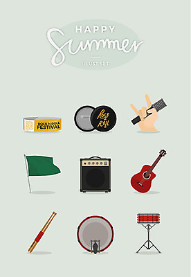 일러스트 사람없음 여름 세트 기타 깃발 티켓 북 마이크 드럼 손모양 앰프 드럼스틱 락페스티벌 국내일러스트 AI파일 모양 계절 음향기기 현악기 타악기 축제 파일형식 벡터 손_신체부위