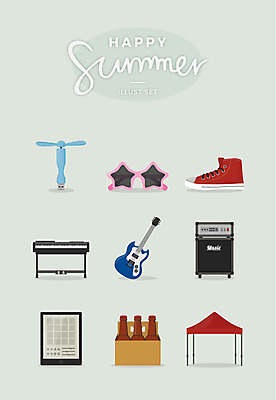별 악기 운동화 일러스트 병맥주 사람없음 여름 세트 선글라스 스피커 선풍기 건반 건반악기 일렉기타 USB 천막 앰프 국내일러스트 AI파일 자연요소 계절 안경 음악 음향기기 신발 맥주 가전제품 기타 파일형식 벡터