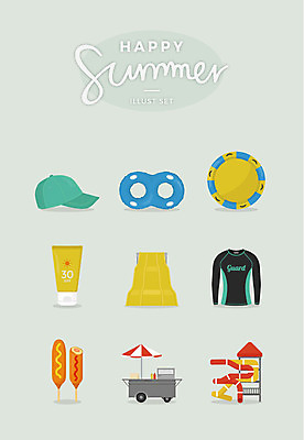 일러스트 사람없음 여름 세트 선크림 튜브 핫도그 고무보트 가판대 슬라이드 워터슬라이드 캡모자 래쉬가드 국내일러스트 AI파일 모자_잡화 계절 수영복 음식 패스트푸드 화장품 파일형식 벡터