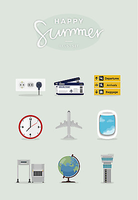 구름 시계 일러스트 창문 비행기 사람없음 여름 세트 지구본 표지판 콘센트 전기에너지 공항 관제탑 비행기내부 검색대 국내일러스트 AI파일 자연요소 계절 항공교통 교통시설 대중교통 알림판 내부 에너지 파일형식 벡터