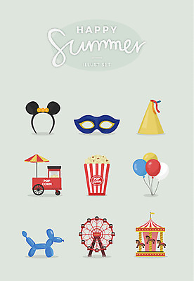 일러스트 가면 사람없음 여름 세트 놀이공원 고깔모자 머리띠 팝콘 대관람차 풍선 회전목마 가판대 풍선아트 국내일러스트 AI파일 모자_잡화 계절 장신구 테마파크 놀이기구 그림 파일형식 벡터