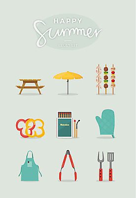 일러스트 주방용품 사람없음 여름 세트 앞치마 파라솔 꼬치 브로콜리 국자 주방장갑 성냥개비탑 야외의자 국내일러스트 AI파일 계절 생활용품 장갑 채소 의자 파일형식 벡터