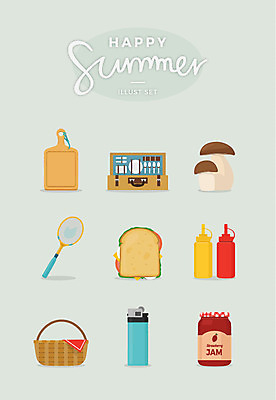 일러스트 샌드위치 사람없음 여름 세트 버섯 배드민턴라켓 라이터 딸기잼 나무도마 소풍바구니 국내일러스트 AI파일 계절 음식 도마 목재 바구니 라켓 잼 파일형식 벡터