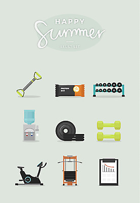 일러스트 사람없음 여름 세트 운동기구 아령 역기 문서 단백질 서류판 원판 정수기 헬스밴드 국내일러스트 AI파일 계절 사무용품 헬스 영양소 파일형식 벡터
