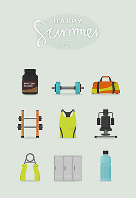 일러스트 사람없음 여름 운동복 세트 운동기구 아령 역기 사물함 물병 단백질 운동가방 국내일러스트 AI파일 옷 계절 가방 헬스 물통 영양소 파일형식 벡터