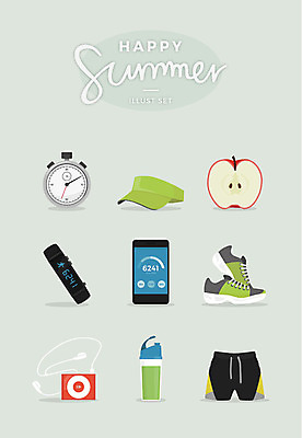 이어폰 운동화 일러스트 반바지 사람없음 여름 스마트폰 운동복 세트 물병 사과반쪽 챙모자 초시계 스마트워치 만보기 국내일러스트 AI파일 모자_잡화 옷 계절 시계 음향기기 신발 바지 핸드폰 스마트기기 물통 웨어러블 파일형식 벡터