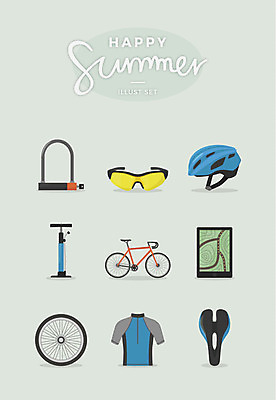 지도 일러스트 자물쇠 사람없음 여름 운동복 세트 선글라스 자전거 바퀴 헬멧 안장 펌프 공기주입기 국내일러스트 AI파일 옷 계절 안경 바이크 보호장비 파일형식 벡터