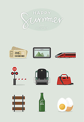 일러스트 창문 풍경 사람없음 여름 세트 여행가방 여름풍경 기찻길 기차 삶은계란 기차여행 기차표 소다수 철길건널목 국내일러스트 AI파일 계절 음료 육상교통 여행 가방 대중교통 계란 티켓 계란요리 파일형식 벡터 여름_계절