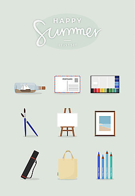 액자 일러스트 유리병 색연필 사람없음 여름 세트 붓 팔레트 돛단배 이젤 엽서 화판 에코백 화구통 국내일러스트 AI파일 계절 배_교통 가방 병_용기 학용품 미술도구 편지 에코 파일형식 벡터