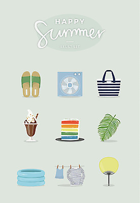 일러스트 아이스크림 슬리퍼 사람없음 여름 세트 부채 선풍기 튜브 비치백 빨래널기 열대잎 국내일러스트 AI파일 계절 신발 잎 디저트 가전제품 빨래 파일형식 벡터 가방_잡화