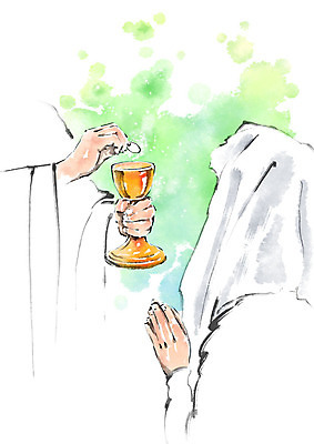 PSD 손 여자 남자 기독교 일러스트 캘리그라피 붓터치 사람 상반신 성인 두명 신체부위 천주교 기도 목사 번짐 목사가운 밀떡 성찬기 성찬전병 신부님 국내일러스트 종교 떡 성직자 파일형식 효과