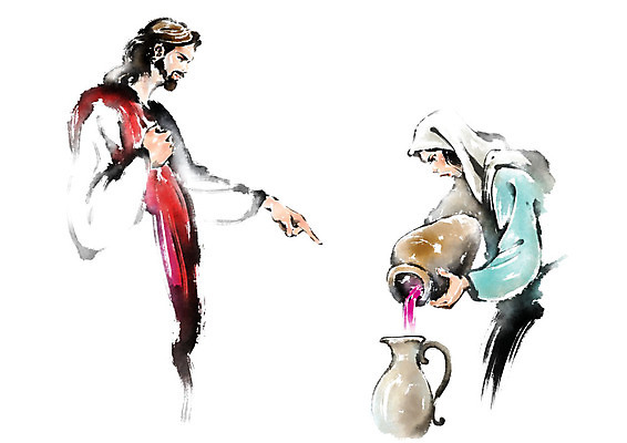 PSD 응시 여자 기독교 일러스트 캘리그라피 붓터치 한명 사람 상반신 성인 가리킴 항아리 예수 붓기 번짐 포도주병 국내일러스트 1 시선 종교 모션 손짓 도자기 신_종교 병_담는 파일형식 효과