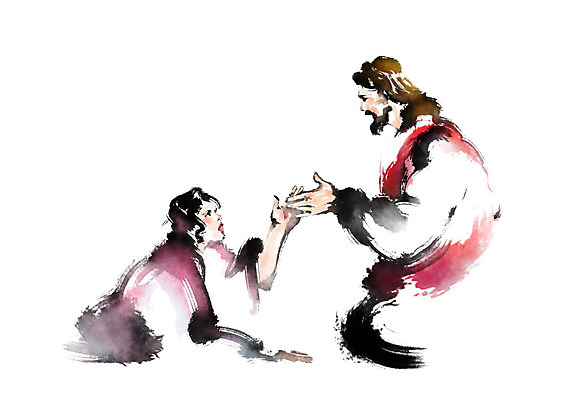 PSD 여자 기독교 일러스트 캘리그라피 붓터치 한명 사람 상반신 성인 마주보기 손잡기 예수 무릎꿇기 번짐 국내일러스트 1 종교 모션 신_종교 파일형식 효과