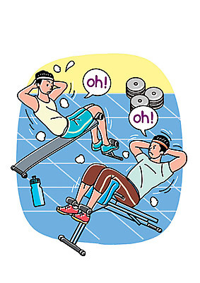 전신 PSD 응시 남자 일러스트 사람 성인 두명 운동복 운동 건강관리 헬스 헬스장 머리띠 물병 윗몸일으키기 원반 맨몸운동 국내일러스트 시선 옷 스포츠용품 장신구 건강 관리 물통 파일형식