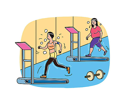 전신 PSD 여자 일러스트 사람 성인 두명 운동 걷기 건강관리 헬스 헬스장 찡그림 역기 비만 열심 워킹머신 국내일러스트 모션 표정 건강 관리 운동기구 몸매 파일형식