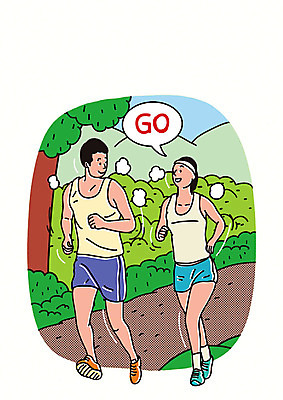 전신 PSD 나무 커플 여자 남자 일러스트 미소 사람 성인 두명 운동복 달리기 조깅 운동 마주보기 건강관리 산책로 풀숲 국내일러스트 식물 옷 길 관계 모션 표정 건강 관리 숲 파일형식