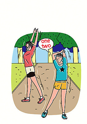 전신 PSD 나무 공원 여자 일러스트 미소 사람 성인 두명 운동복 손들기 건강관리 스트레칭 맨손체조 국내일러스트 식물 옷 공공시설 모션 표정 건강 관리 운동 체조 파일형식