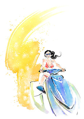 전신 PSD 여자 일러스트 캘리그라피 붓터치 한명 미소 사람 성인 여름 비키니 선글라스 즐거움 번짐 제트스키 국내일러스트 1 계절 수영복 감정 안경 표정 수상스포츠 파일형식 효과