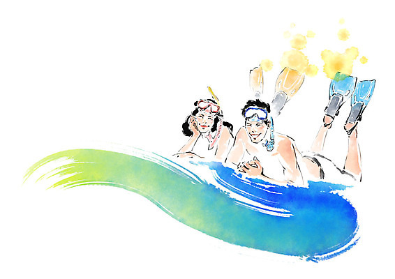 전신 PSD 커플 여자 남자 수영복 엎드리기 일러스트 캘리그라피 붓터치 미소 사람 성인 두명 여름 턱괴기 오리발 즐거움 번짐 스노클링용품 국내일러스트 옷 계절 감정 스포츠용품 관계 모션 표정 스노클링 파일형식 효과