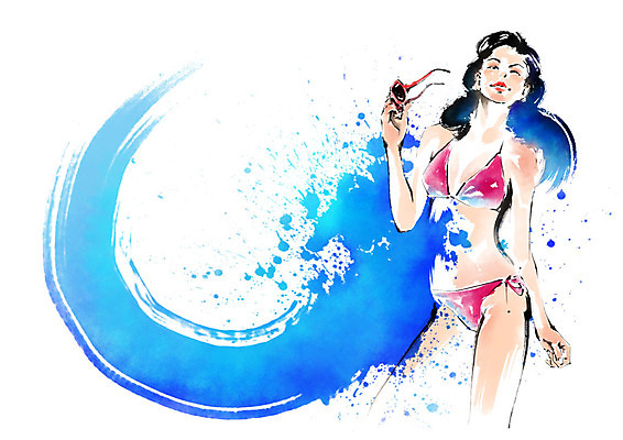 전신 PSD 응시 여자 포즈 일러스트 캘리그라피 붓터치 한명 미소 사람 성인 여름 비키니 선글라스 물보라 번짐 국내일러스트 1 시선 계절 수영복 안경 표정 물 파일형식 효과