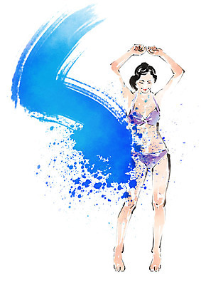 전신 PSD 여자 포즈 일러스트 캘리그라피 붓터치 한명 미소 사람 성인 여름 비키니 손들기 번짐 국내일러스트 1 계절 수영복 모션 표정 파일형식 효과