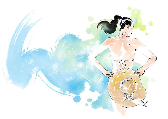 PSD 여자 바다 일러스트 캘리그라피 붓터치 한명 들기 사람 상반신 성인 물 여름 비키니 번짐 챙모자 국내일러스트 자연요소 모자_잡화 1 계절 수영복 모션 파일형식 효과