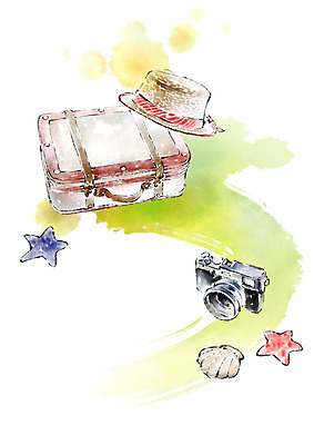 PSD 일러스트 캘리그라피 붓터치 불가사리 사람없음 여름 카메라 캐리어 조개껍데기 번짐 챙모자 국내일러스트 모자_잡화 계절 조개 극피동물 전자제품 여행가방 파일형식 효과