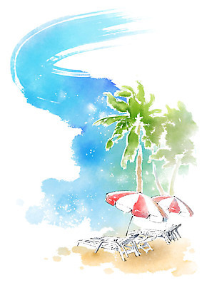 PSD 바다 일러스트 캘리그라피 붓터치 해변 사람없음 여름 모래사장 야자수 여러개 파라솔 선베드 번짐 국내일러스트 나무 계절 다수 의자 파일형식 효과