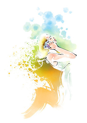 PSD 여자 일러스트 캘리그라피 붓터치 한명 사람 상반신 성인 여름 번짐 통화 국내일러스트 1 계절 모션 파일형식 효과