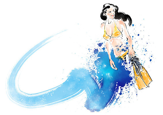 PSD 여자 일러스트 캘리그라피 붓터치 한명 미소 들기 사람 상반신 성인 여름 비키니 오리발 물보라 번짐 국내일러스트 1 계절 수영복 모션 표정 물 파일형식 효과